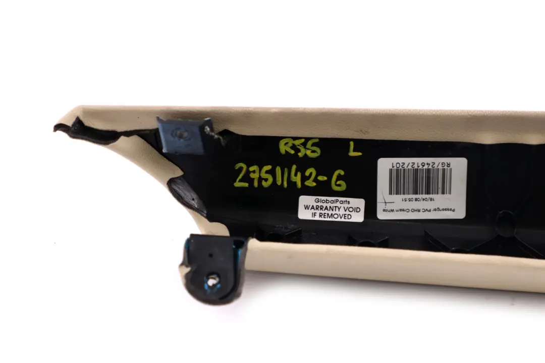 Knee Protection Left N/S Trim Cover Cream White to BMW Mini Cooper 6 R55 R56 R57 with Part number 2752121 BMW Mini Cooper 6 R55 R56 R57 Knee Protection Left N/S Trim Cover Cream White - SKU rhd-2751142-6 - Part number 2752121