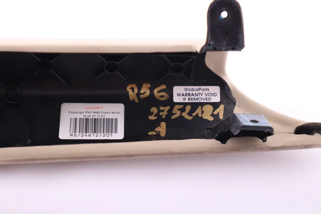 Knee Protection Cover Trim Passenger's N/S Cream White to BMW Mini Cooper 1 R56 with Part number 2752121 BMW Mini Cooper 1 R56 Knee Protection Cover Trim Passenger's N/S Cream White - SKU rhd-2752121-1 - Part number 2752121