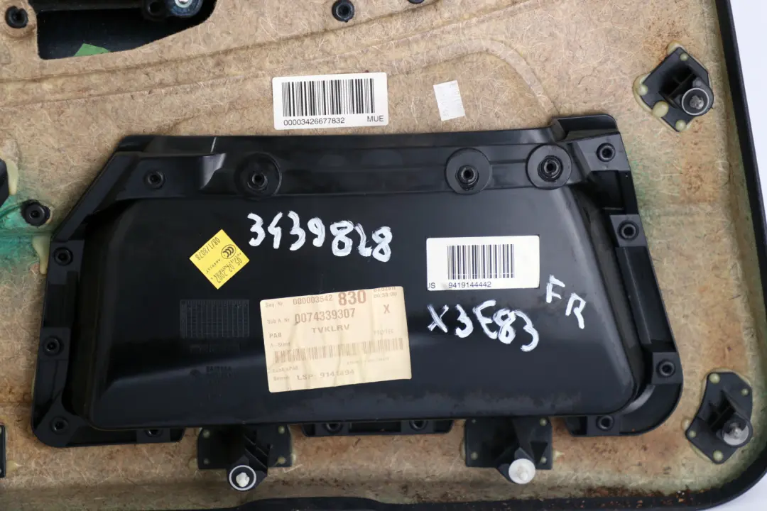 Front Right O/S Door Card Lining Trim Cloth Black to BMW X3 Series E83 LCI with Part number 3439828 BMW X3 Series E83 LCI Front Right O/S Door Card Lining Trim Cloth Black - SKU rhd-3439828 - Part number 3439828