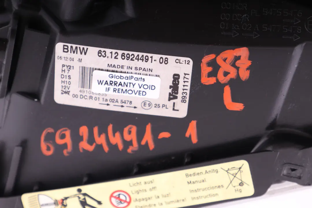 GENUINE BMW E87 Bi-Xenon Headlight Passenger Front Lamp Left N/S to with Part number 6924491 GENUINE BMW E87 Bi-Xenon Headlight Passenger Front Lamp Left N/S - SKU rhd-6924491-1 - Part number 6924491