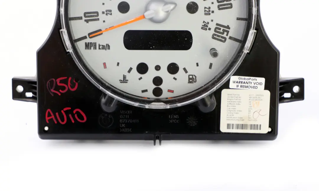 Speedometer Speedo Clock Instrument Cluster Automatic to Mini One R50 R52 with Part number 6932506 Mini One R50 R52 Speedometer Speedo Clock Instrument Cluster Automatic - SKU rhd-6932506 - Part number 6932506