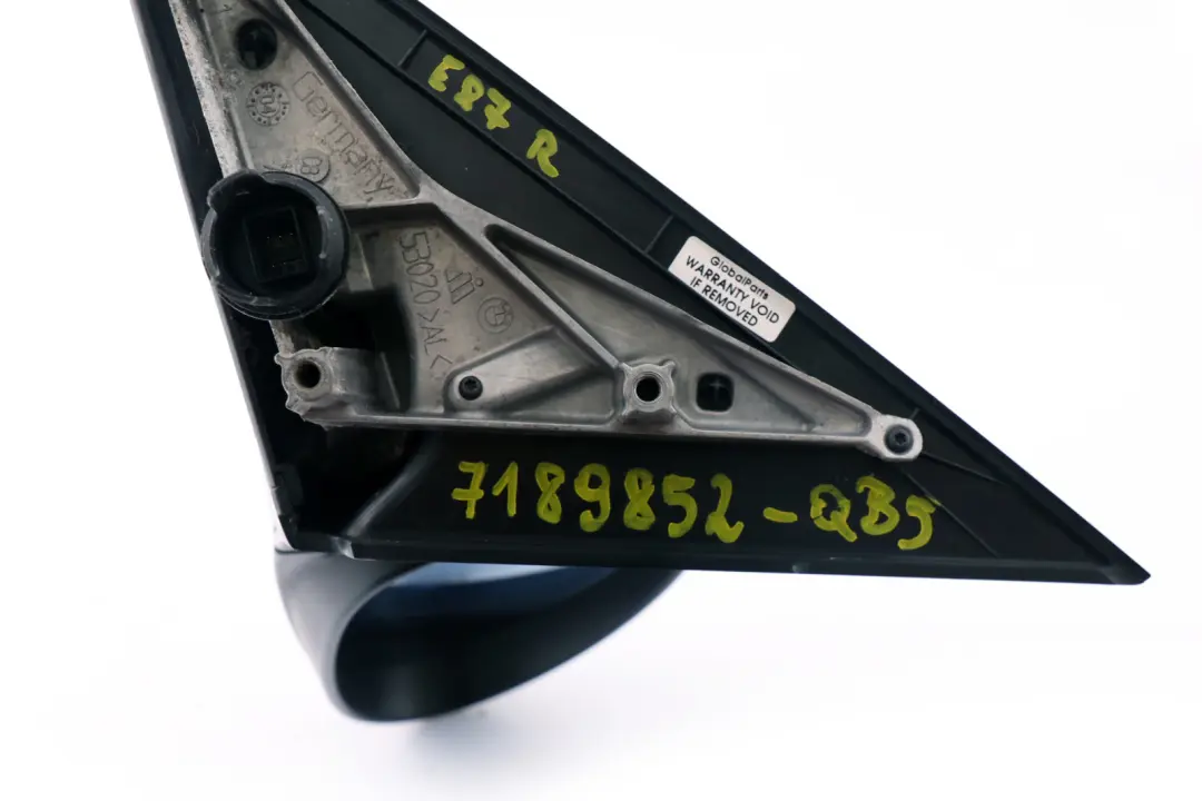 Heated Right Door Wing Mirror O/S Quarzblau Quartz Blue A18 to BMW 1 Series 5 E87 with Part number 7189852 BMW 1 Series 5 E87 Heated Right Door Wing Mirror O/S Quarzblau Quartz Blue A18 - SKU rhd-7189852-QB5 - Part number 7189852