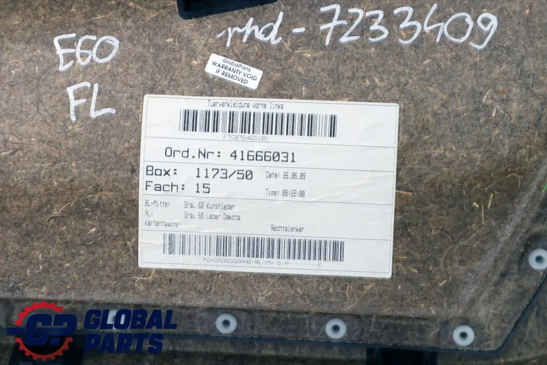 Front Left N/S Door Card Trim Panel Grey Leather to BMW 5 Series E60 E61 LCI with Part number 7233409 BMW 5 Series E60 E61 LCI Front Left N/S Door Card Trim Panel Grey Leather - SKU rhd-7233409 - Part number 7233409