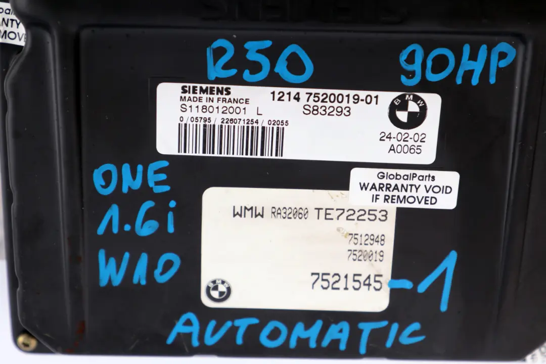 ECU Kit Steering Column to BMW Mini One 1.6i R50 W10 90 HP Petrol Engine with Part number 7521545 BMW Mini One 1.6i R50 W10 90 HP Petrol Engine ECU Kit Steering Column - SKU rhd-7521545-1 - Part number 7521545