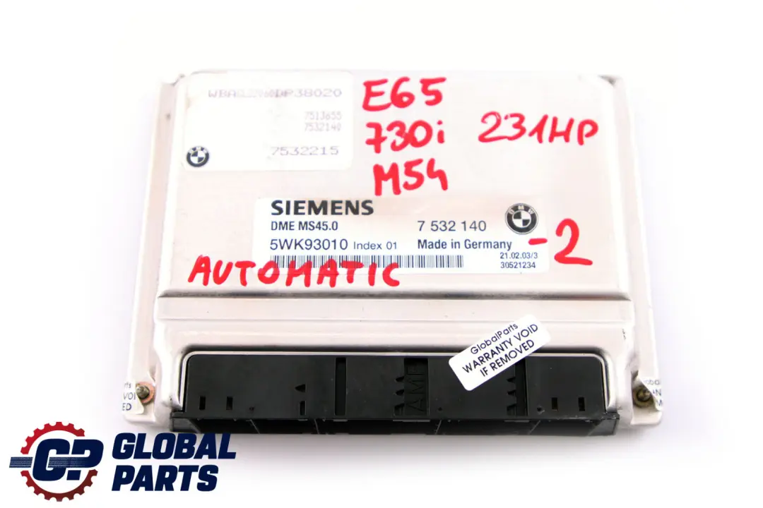 730i M54 231HP Petrol ECU Kit DME + CAS + 2 Keys to BMW 7 Series E65 with Part number 7532140 BMW 7 Series E65 730i M54 231HP Petrol ECU Kit DME + CAS + 2 Keys - SKU rhd-7532140-2 - Part number 7532140