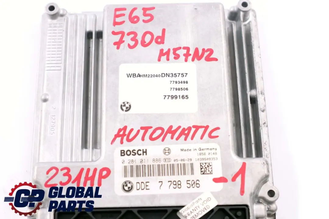 BMW 7 Series E65 E66 730d M57N2 231HP ECU Kit DDE + CAS + Key Automatic - SKU rhd-7798506-1 - Part number 7798506