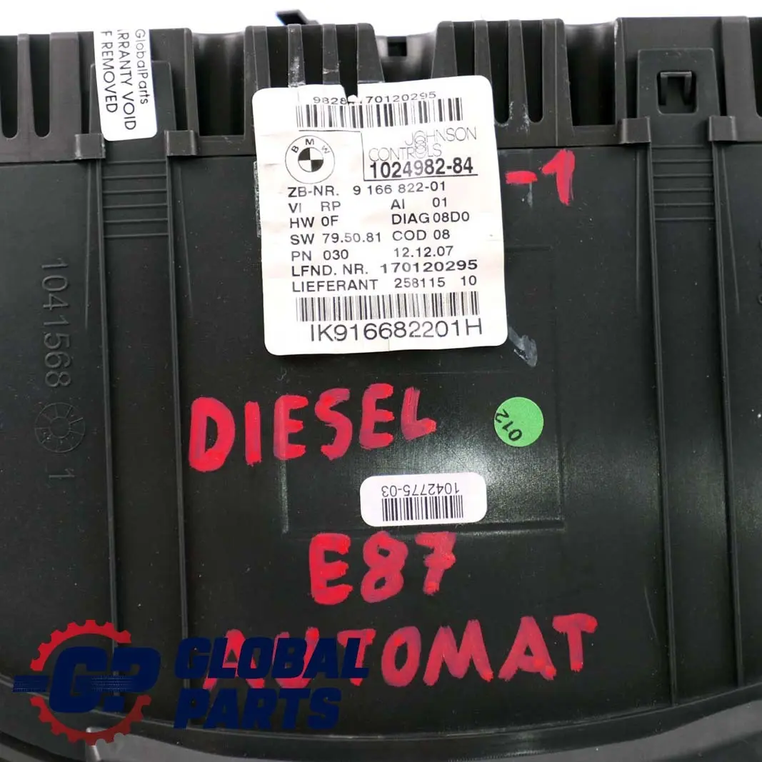 BMW 1 Series E81 E87 Diesel Speedo Clocks Instrument Cluster Automatic - SKU rhd-9166822-1 - Part number 9166822