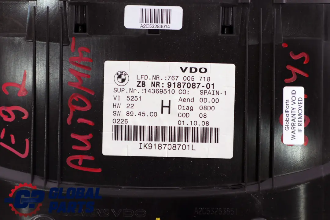 Instrument Speedometer Clocks to BMW 3 Series E90 E91 E92 Diesel Automatic with Part number 9187087 BMW 3 Series E90 E91 E92 Diesel Automatic Instrument Speedometer Clocks - SKU rhd-9187087 - Part number 9187087