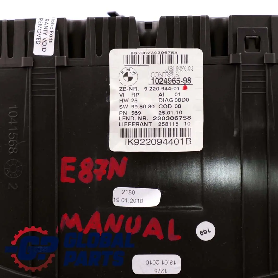 N43 Instrument Cluster Speedo Clocks Manual to BMW 1 Series E87 LCI 120i with Part number 9220944 BMW 1 Series E87 LCI 120i N43 Instrument Cluster Speedo Clocks Manual - SKU rhd-9220944 - Part number 9220944