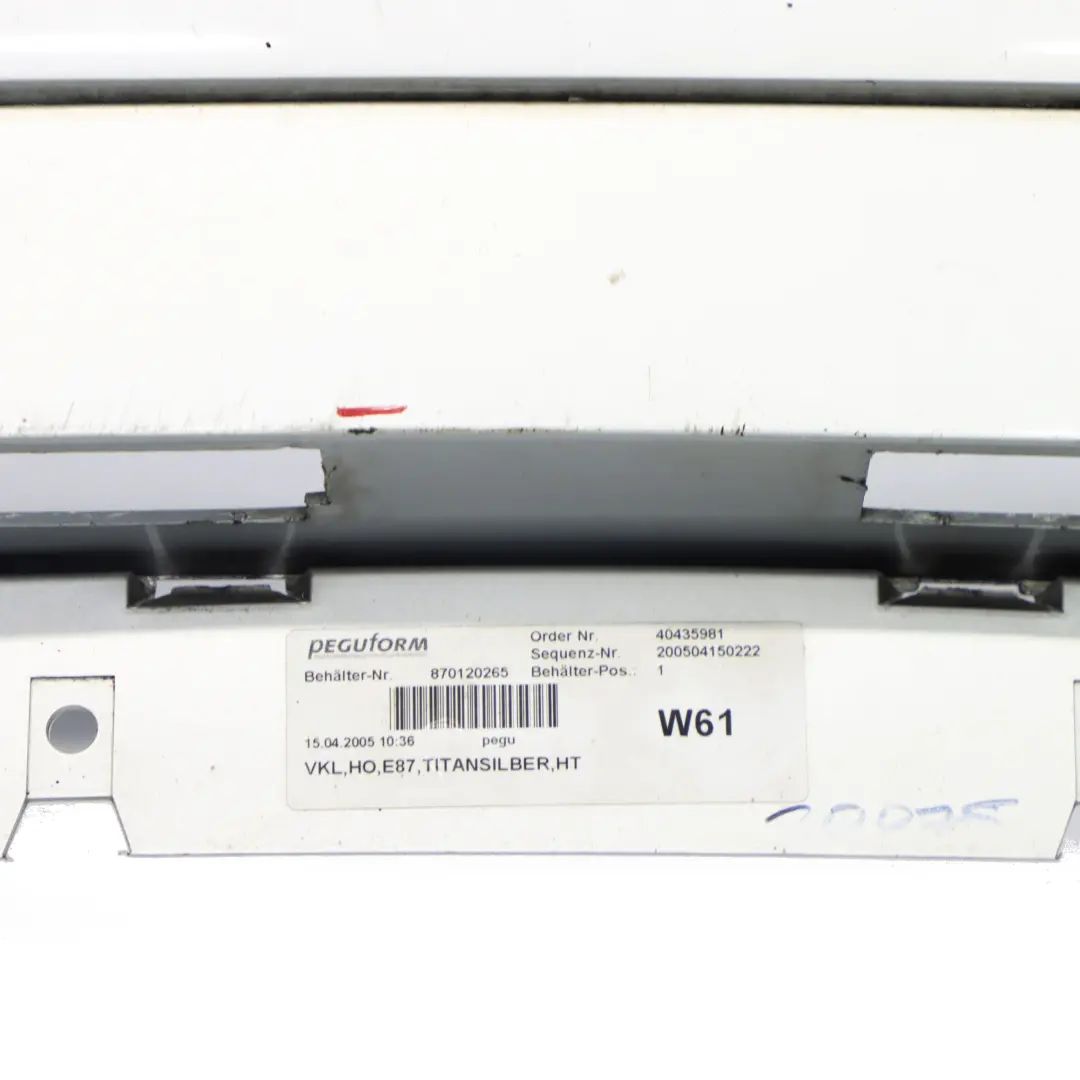 Bumper BMW E87 Trim Panel Cover PDC Titansilber Silver Metallic 354 to Rear with Part number 0032630 Rear Bumper BMW E87 Trim Panel Cover PDC Titansilber Silver Metallic 354 - SKU 0032630-TS9 - Part number 0032630