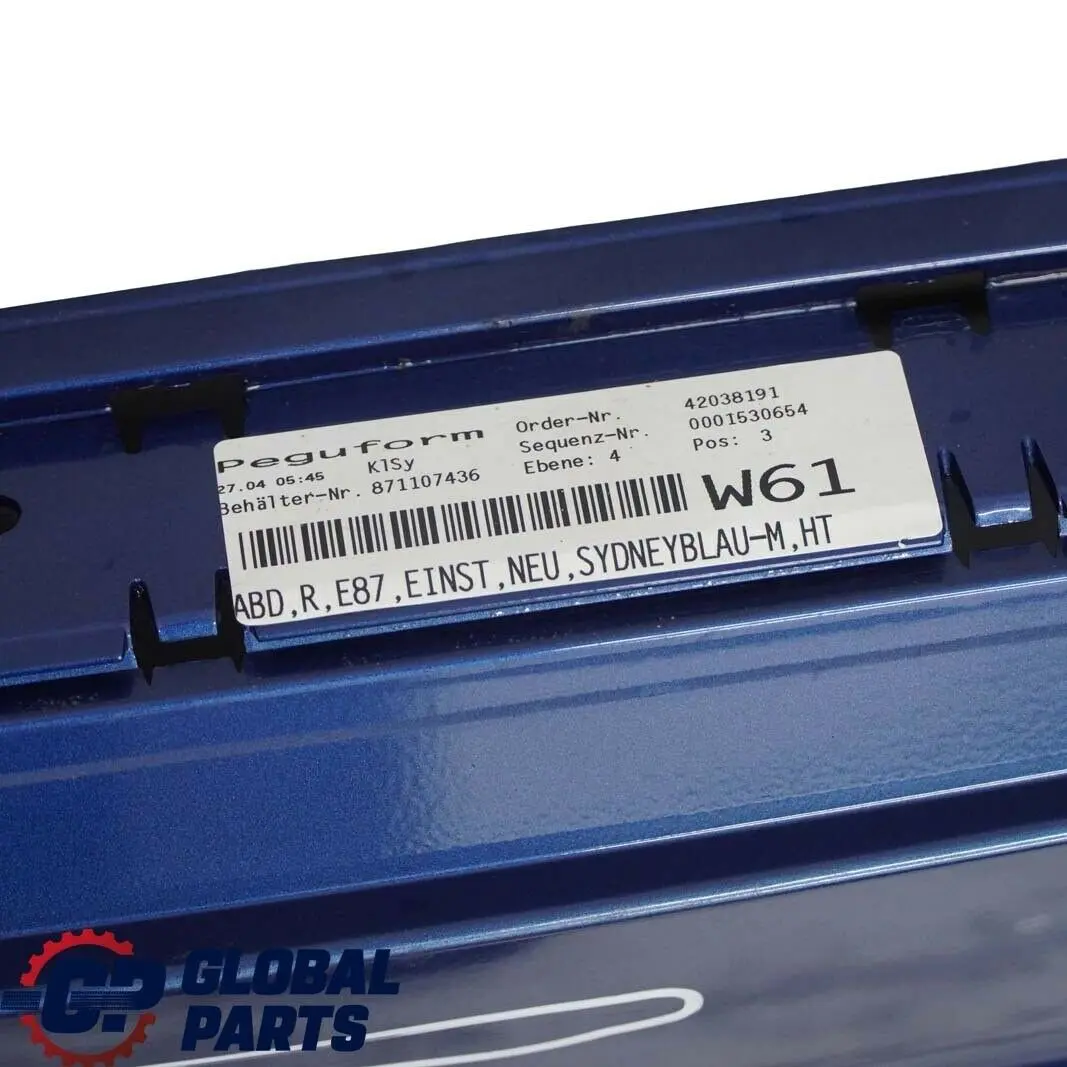 Listello Portiera Apertura Gonna Destra Blu Sydney Metallizzato A19 per BMW E87 con numero di parte 32948 BMW E87 Listello Portiera Apertura Gonna Destra Blu Sydney Metallizzato A19 - SKU 0032948-SYD6 - Numero di parte 32948