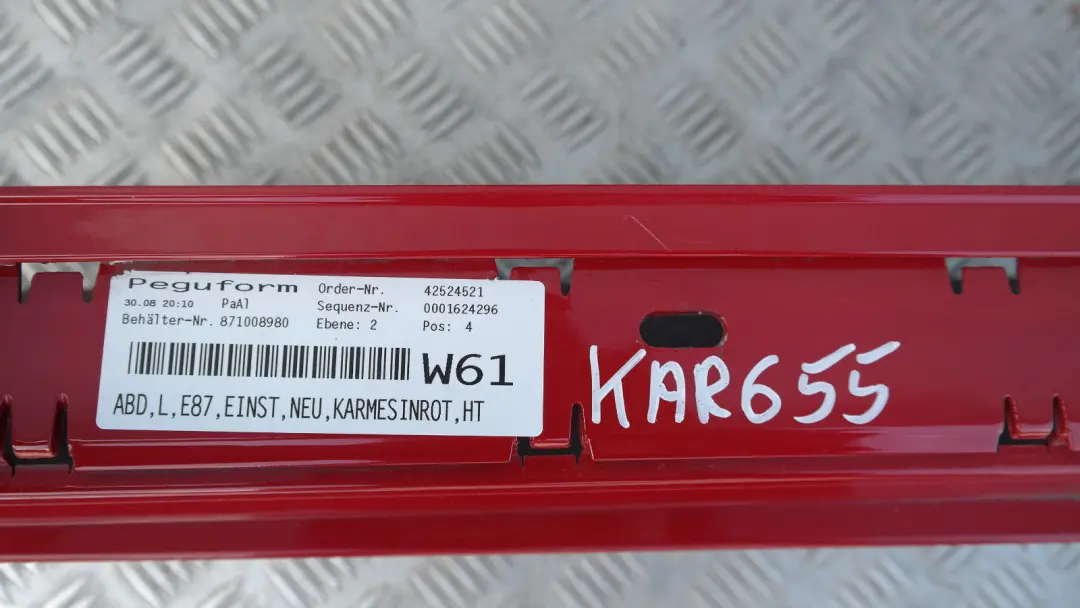 Schwellerleiste Seitenschweller Links Rot Karmesinrot A61 für BMW E87 mit Teilenummer 51770032949 BMW E87 Schwellerleiste Seitenschweller Links Rot Karmesinrot A61 - SKU 0032949-KAR1 - Teilenummer 51770032949