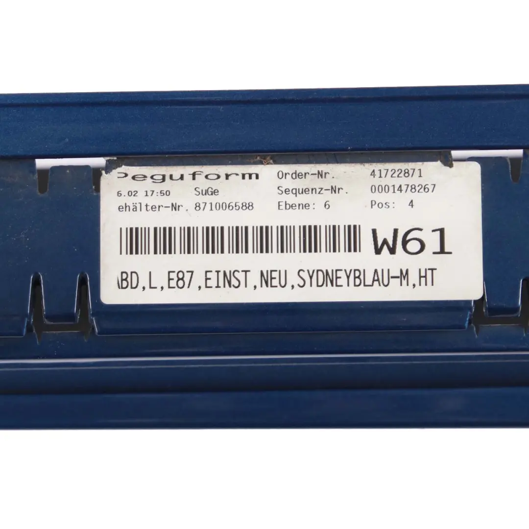 Side Skirt Sill Strip Left N/S Sydneyblau Blue Metallic - A19 to BMW E87 with Part number 0032949 BMW E87 Side Skirt Sill Strip Left N/S Sydneyblau Blue Metallic - A19 - SKU 0032949-SYD13 - Part number 0032949