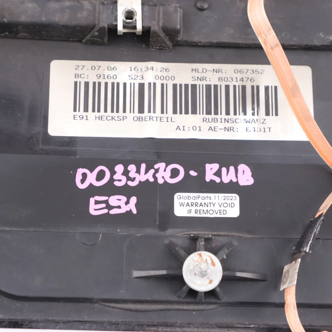 Trunk Lid Tailgate Rear Spoiler Panel Trim Ruby Black Metallic S23 / X03 to BMW E91 with Part number 0033470 BMW E91 Trunk Lid Tailgate Rear Spoiler Panel Trim Ruby Black Metallic S23 / X03 - SKU 0033470-RUB - Part number 0033470