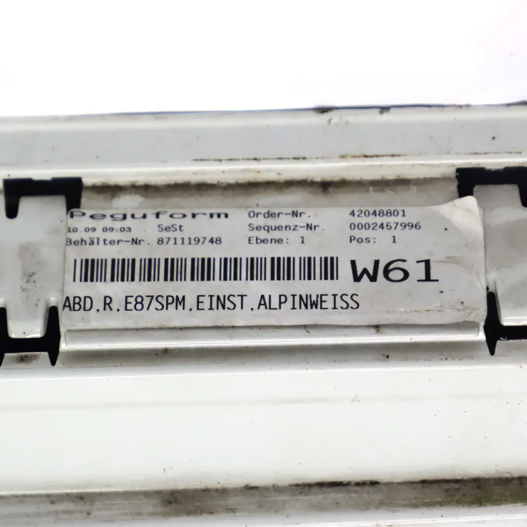 Sill Strip Side Skirt Right O/S M Sport Alpinweiss Alpine White 300 to BMW E87 LCI with Part number 0033556 BMW E87 LCI Sill Strip Side Skirt Right O/S M Sport Alpinweiss Alpine White 300 - SKU 0033556-AW3 - Part number 0033556