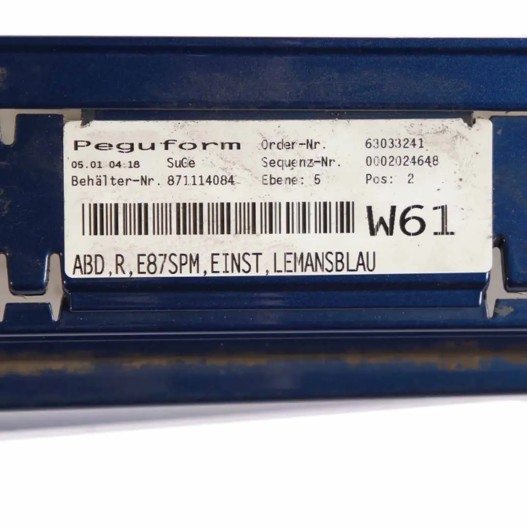 Sill Strip Side Skirt Right O/S Le Mans Blue Metallic - 381 to BMW E87 LCI M Sport with Part number 0033556 BMW E87 LCI M Sport Sill Strip Side Skirt Right O/S Le Mans Blue Metallic - 381 - SKU 0033556-LMB6 - Part number 0033556