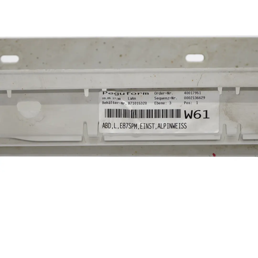 Side Skirt Strip M Sport Sill Left N/S Alpinweiss Alpine White - 300 to BMW E87 with Part number 0033557 BMW E87 Side Skirt Strip M Sport Sill Left N/S Alpinweiss Alpine White - 300 - SKU 0033557-AW2 - Part number 0033557