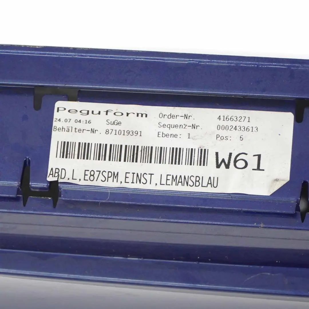 Side Skirt Strip M Sport Sill Left N/S Le Mans Blue Metallic - 381 to BMW E87 with Part number 0033557 BMW E87 Side Skirt Strip M Sport Sill Left N/S Le Mans Blue Metallic - 381 - SKU 0033557-LMB8 - Part number 0033557