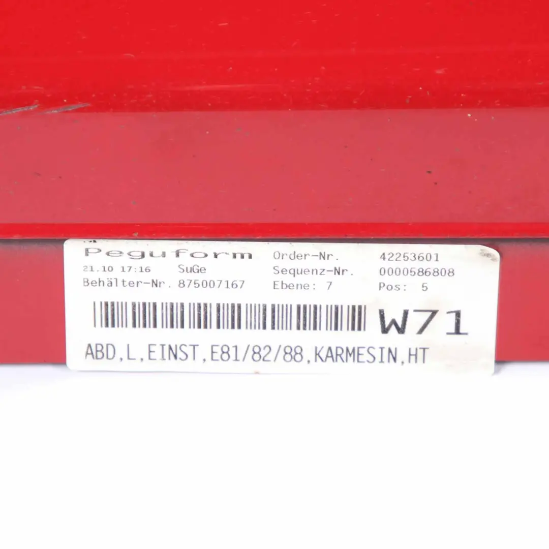 Side Skirt Sill Strip Left N/S E82 E88 Karmesinrot Crimson Red - A61 to BMW E81 with Part number 0036143 BMW E81 Side Skirt Sill Strip Left N/S E82 E88 Karmesinrot Crimson Red - A61 - SKU 0036143-KAR - Part number 0036143