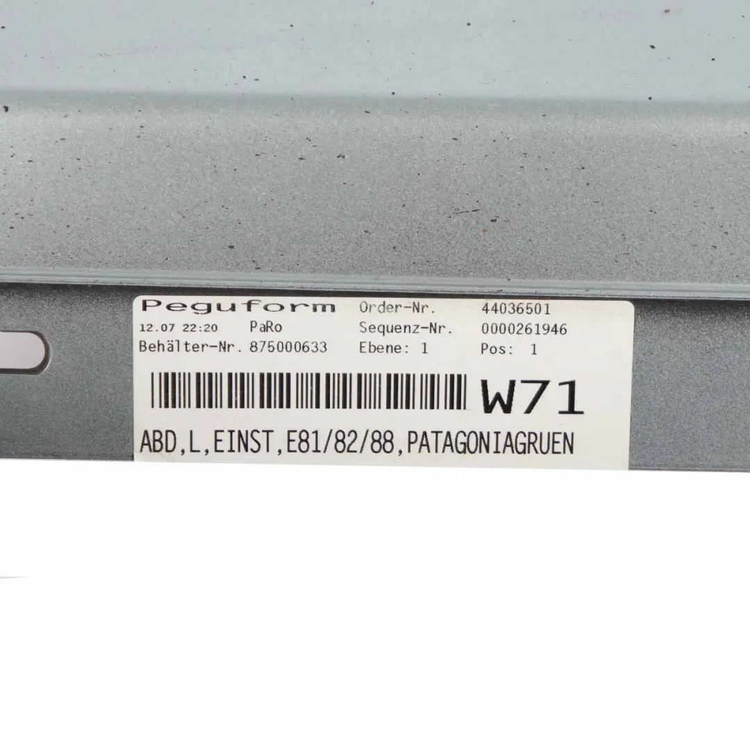 Side Skirt Sill Strip Left N/S E88 Patagonia Green Metallic - A71 to BMW E81 E82 with Part number 0036143 BMW E81 E82 Side Skirt Sill Strip Left N/S E88 Patagonia Green Metallic - A71 - SKU 0036143-PTG1 - Part number 0036143