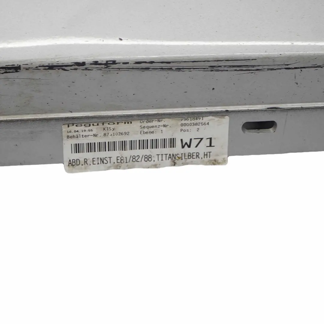Side Skirt Sill Strip Cover Left N/S Titansilber Titan Silver - 354 to BMW E81 E82 with Part number 0036143 BMW E81 E82 Side Skirt Sill Strip Cover Left N/S Titansilber Titan Silver - 354 - SKU 0036143-TS8 - Part number 0036143