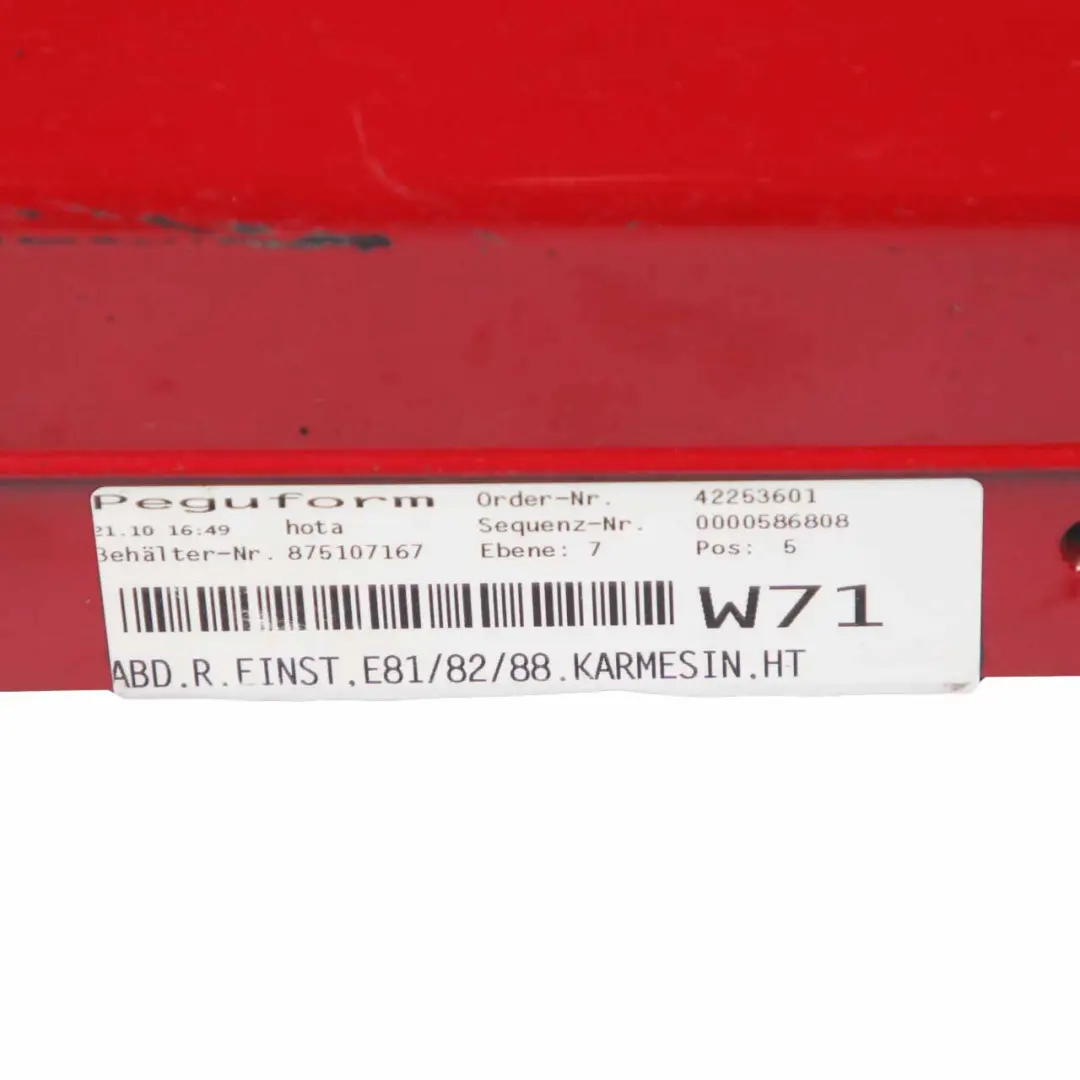 Side Skirt Sill Strip Right O/S Karmesinrot Crimson Red Rot - A61 to BMW E81 E82 with Part number 0036142 BMW E81 E82 Side Skirt Sill Strip Right O/S Karmesinrot Crimson Red Rot - A61 - SKU 0036142-KAR - Part number 0036142