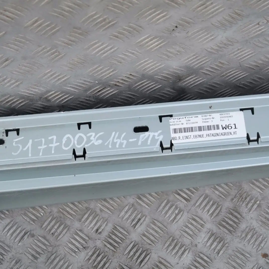 Listello Portiera Apertura Gonna Destra Patagoniagruen Verde per BMW E87 LCI con numero di parte 51770036144-PTG BMW E87 LCI Listello Portiera Apertura Gonna Destra Patagoniagruen Verde - SKU 0036144-PTG - Numero di parte 51770036144-PTG