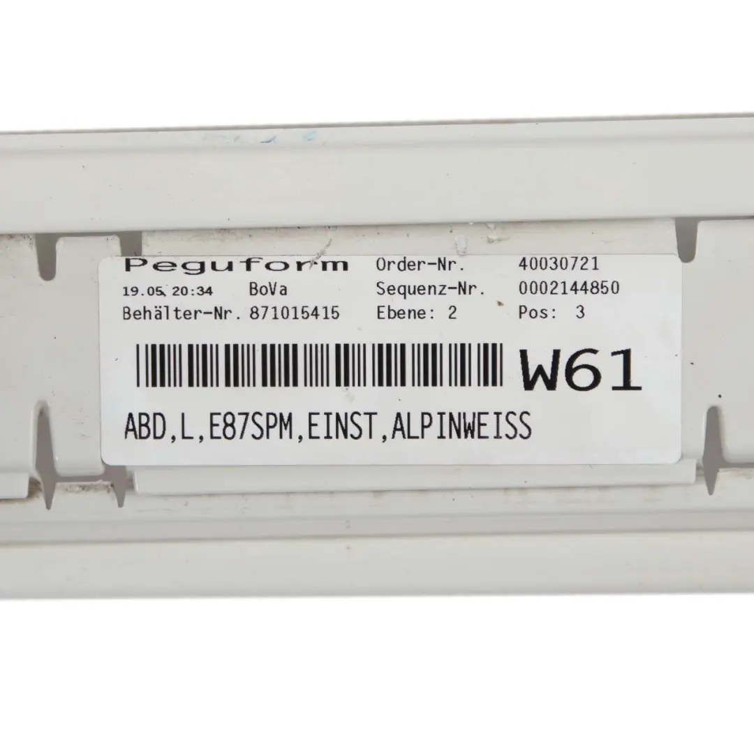 Sill Strip Side Skirt Left N/S Alpinweiss III White - 300 to BMW E87 LCI with Part number 0036145 BMW E87 LCI Sill Strip Side Skirt Left N/S Alpinweiss III White - 300 - SKU 0036145-AW2 - Part number 0036145