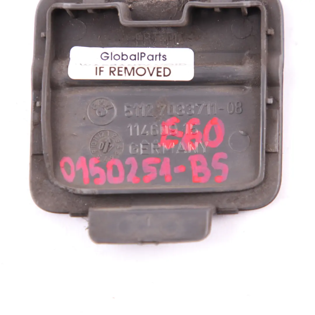 Bumper Flap BMW E60 Cover Towing Eye Black Sapphire Metallic 475 7033711 to Rear with Part number 0150251 Rear Bumper Flap BMW E60 Cover Towing Eye Black Sapphire Metallic 475 7033711 - SKU 0150251-BS - Part number 0150251