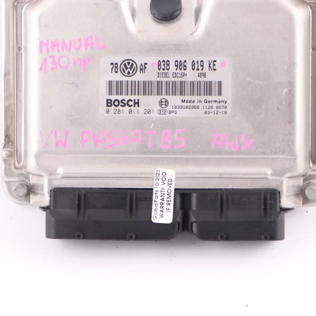 2.0TDI AWX 130HP Engine Unit Module ECU to VW Volkswagen Passat B5 with Part number 038906019KE VW Volkswagen Passat B5 2.0TDI AWX 130HP Engine Unit Module ECU - SKU 038906019KE - Part number 038906019KE