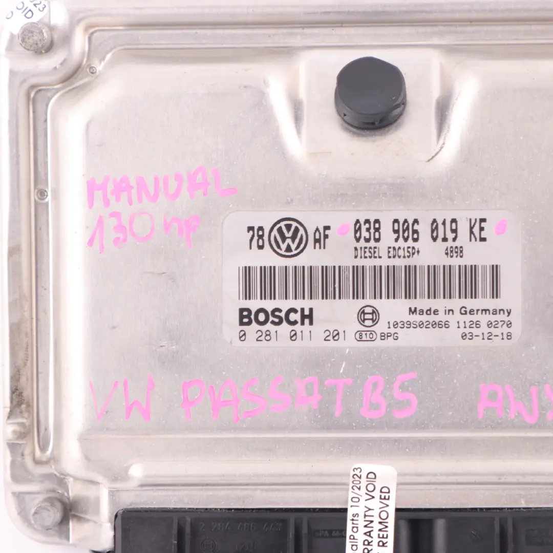 VW Volkswagen Passat B5 2.0TDI AWX 130HP Engine Unit Module ECU - SKU 038906019KE - Part number 038906019KE