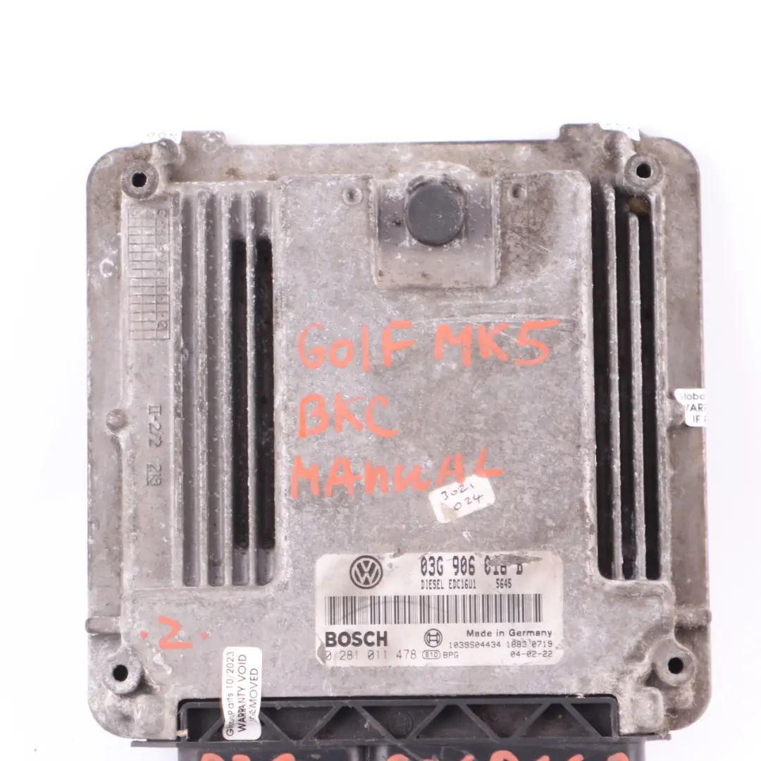105HP BKC Engine Control Unit ECU Manual Volkswagen Golf 5 1.9 TDI - SKU 03G906016B - Part number 03G906016B