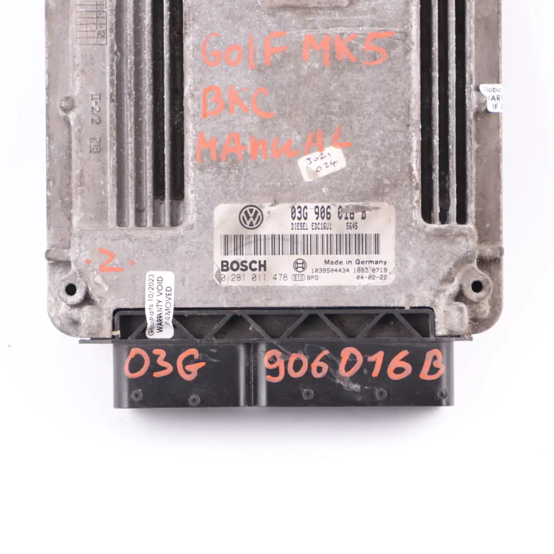 105HP BKC Engine Control Unit ECU Manual Volkswagen Golf 5 1.9 TDI - SKU 03G906016B - Part number 03G906016B