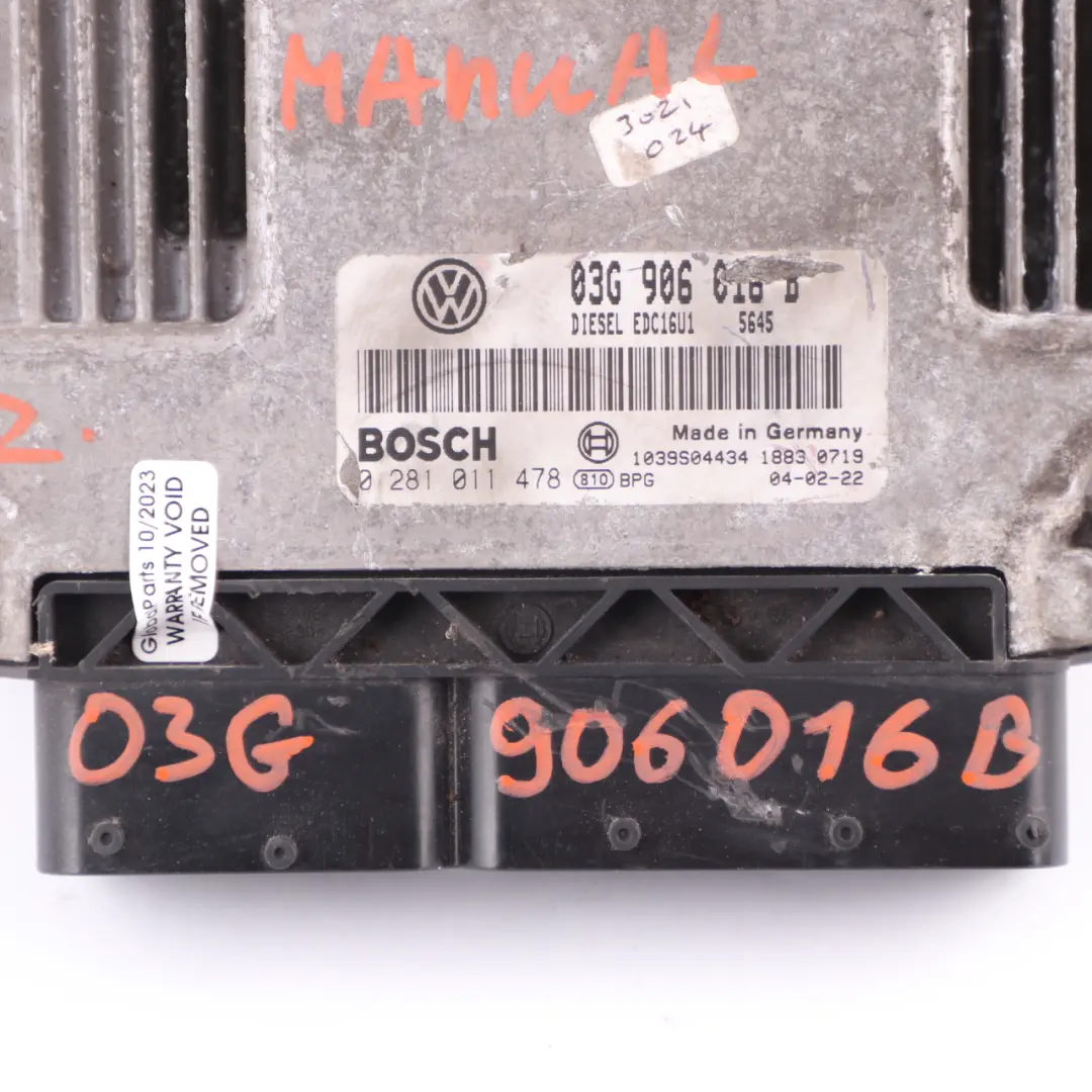105HP BKC Engine Control Unit ECU Manual Volkswagen Golf 5 1.9 TDI - SKU 03G906016B - Part number 03G906016B