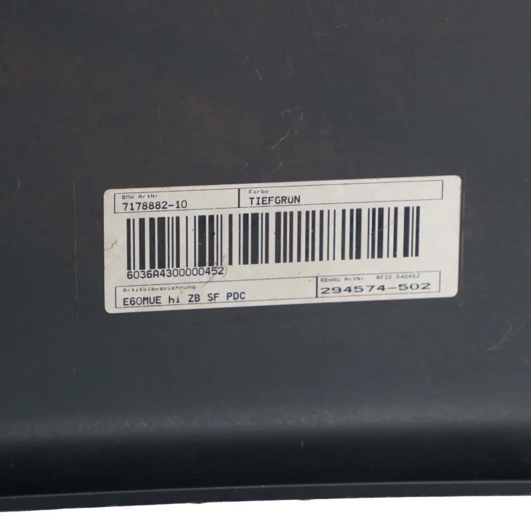 Bumper PDC Tiefgruen Deep Green Metallic - A43 to BMW 5 E60 LCI Saloon Rear with Part number 0422349 BMW 5 E60 LCI Saloon Rear Bumper PDC Tiefgruen Deep Green Metallic - A43 - SKU 0422349-TG - Part number 0422349