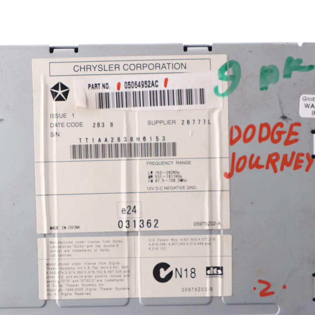 Radio CD Player Audio Head Unit to Dodge Journey 1 with Part number 05064952AC Dodge Journey 1 Radio CD Player Audio Head Unit - SKU 05064952AC - Part number 05064952AC