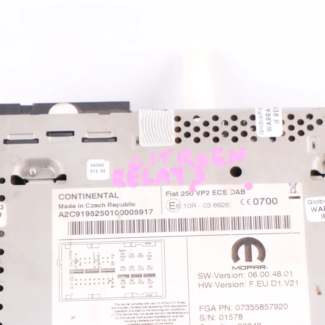 Radio CD Player Citroen Relay Peugeot Boxer Unit Fiat 250 VP2 DAB to with Part number 07355857920 Radio CD Player Citroen Relay Peugeot Boxer Unit Fiat 250 VP2 DAB - SKU 07355857920 - Part number 07355857920