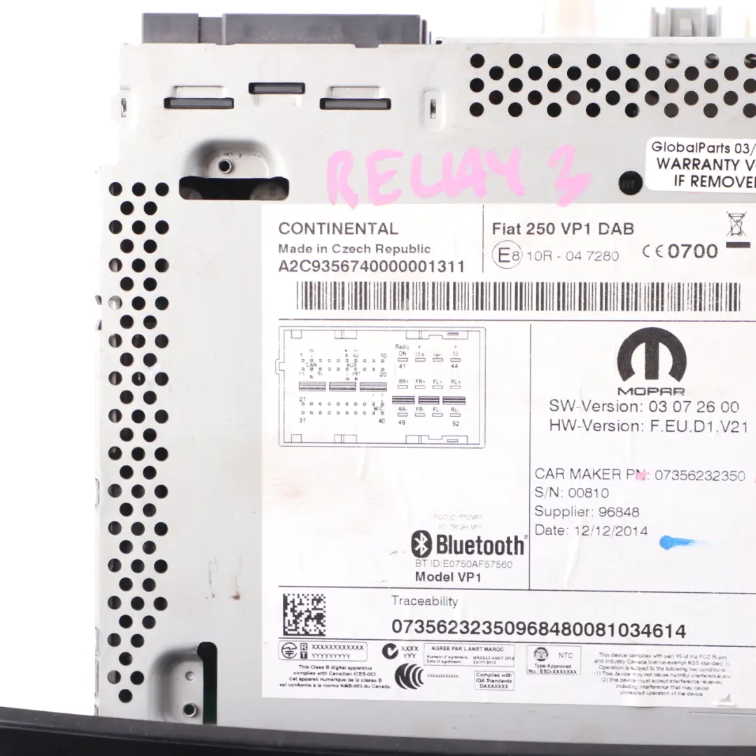 Citroen Relay Peugeot Boxer Radio Player Bluetooth Head Unit to with Part number 07356232350 Citroen Relay Peugeot Boxer Radio Player Bluetooth Head Unit - SKU 07356232350 - Part number 07356232350