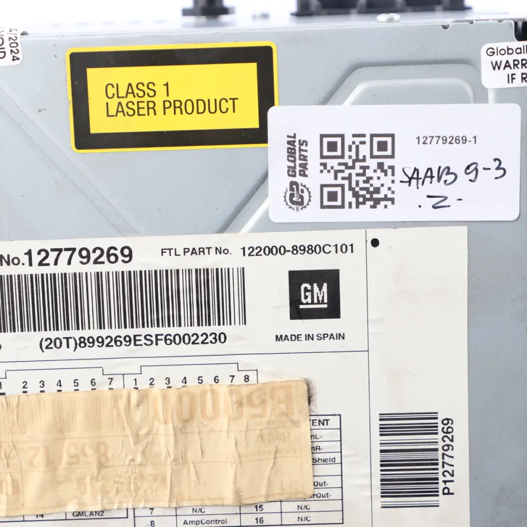 Radio Stereo CD Player Head Unit to SAAB 9-3 with Part number 12779269 SAAB 9-3 Radio Stereo CD Player Head Unit - SKU 12779269-1 - Part number 12779269