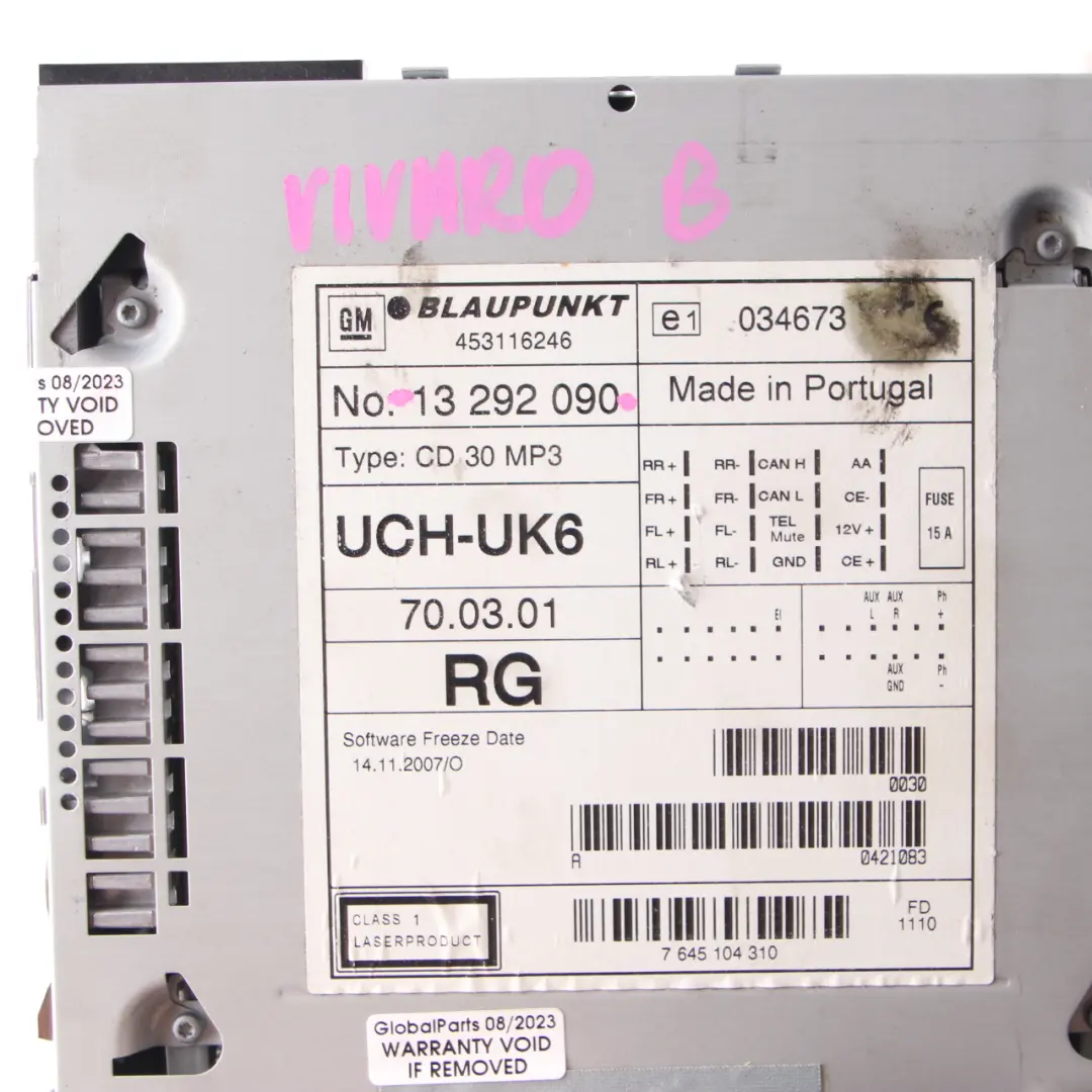Vauxhall Vivaro Radio Audio Player Stereo Head Unit - SKU 13292090 - Part number 13292090