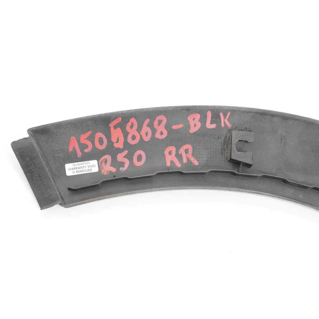 Lato posteriore destro Modanatura arco ruota Nero per Mini R50 R53 con numero di parte 1505868 Mini R50 R53 Lato posteriore destro Modanatura arco ruota Nero - SKU 1505868-BLK - Numero di parte 1505868