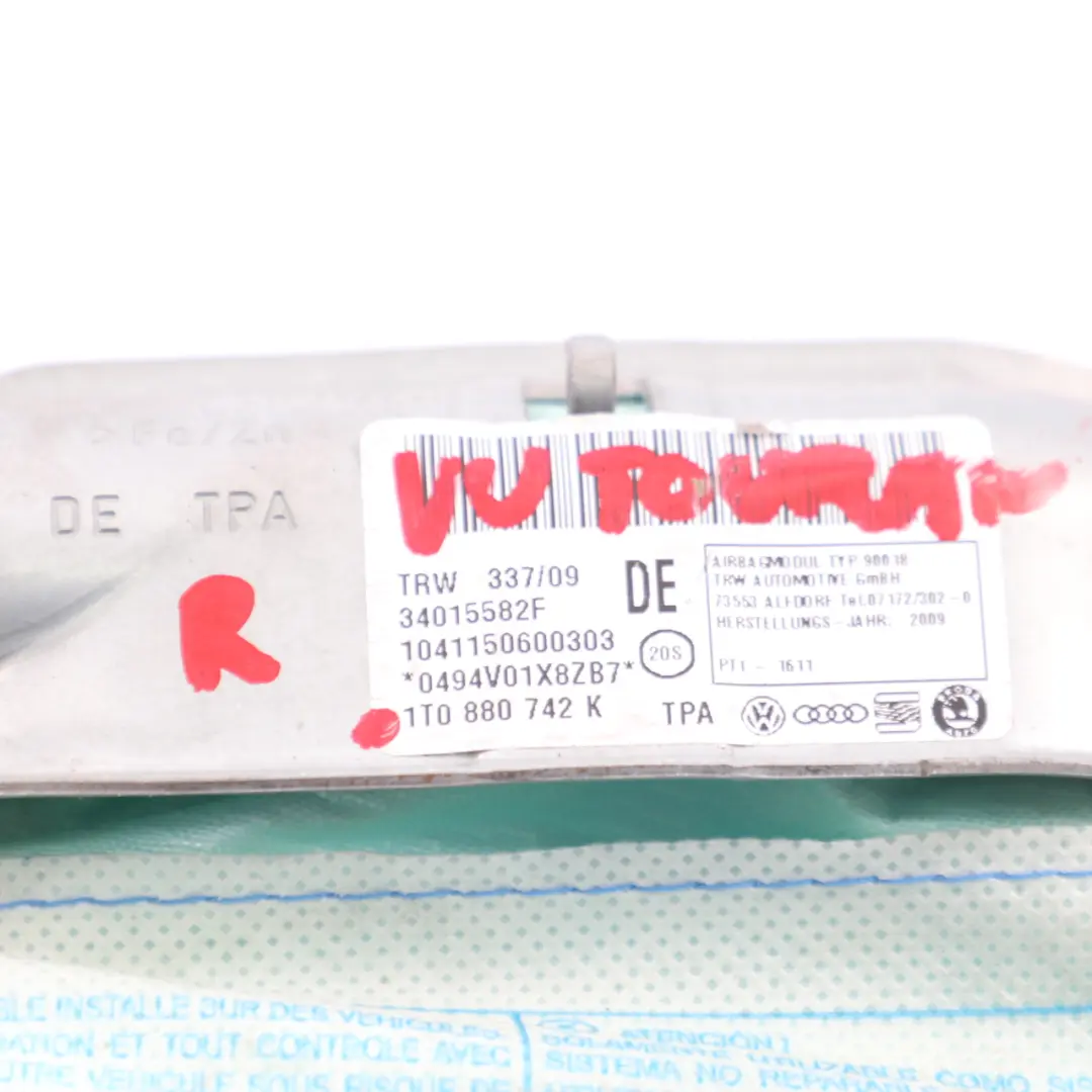 VW Volkswagen Touran MK1 Cabeza Techo Airbag Cortina Derecho Air Bag - SKU 1T0880742K - Número de pieza 1T0880742K