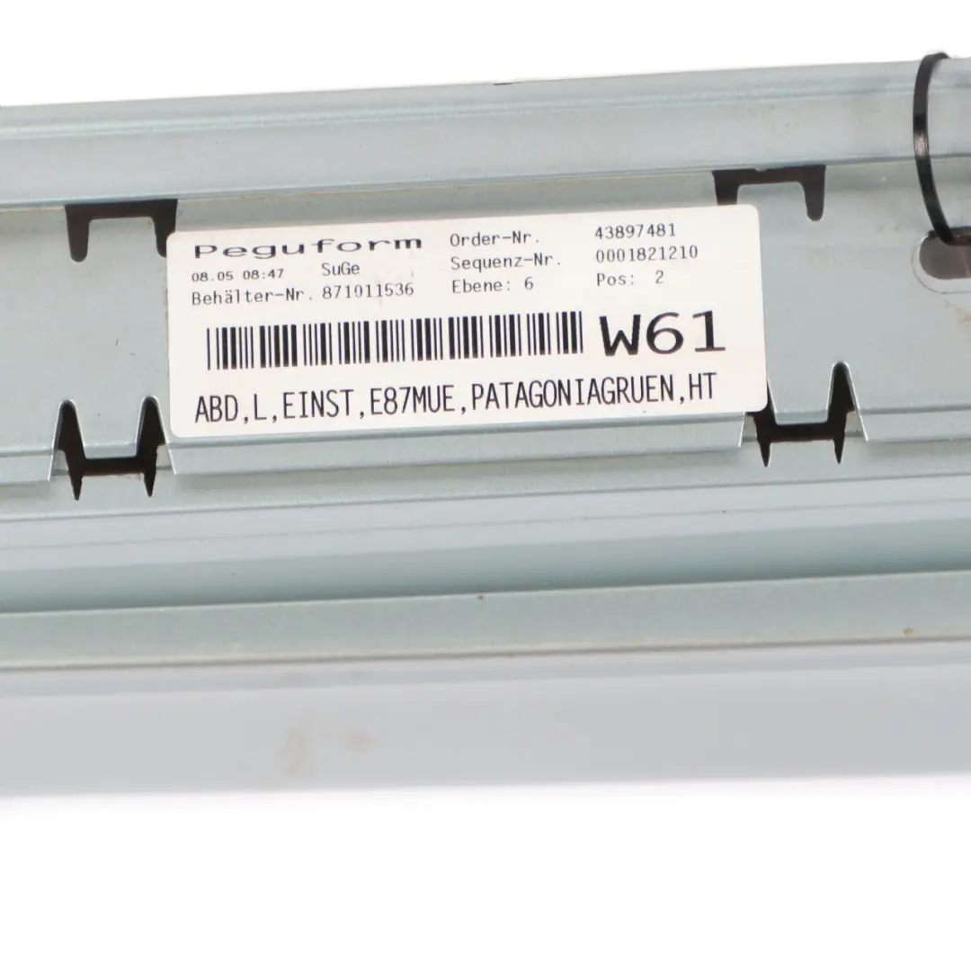 Side Skirt BMW E87 LCI Sill Strip Left N/S Patagonia Green Metallic - A71 to with Part number 0036145 Side Skirt BMW E87 LCI Sill Strip Left N/S Patagonia Green Metallic - A71 - SKU 0036145-PTG - Part number 0036145