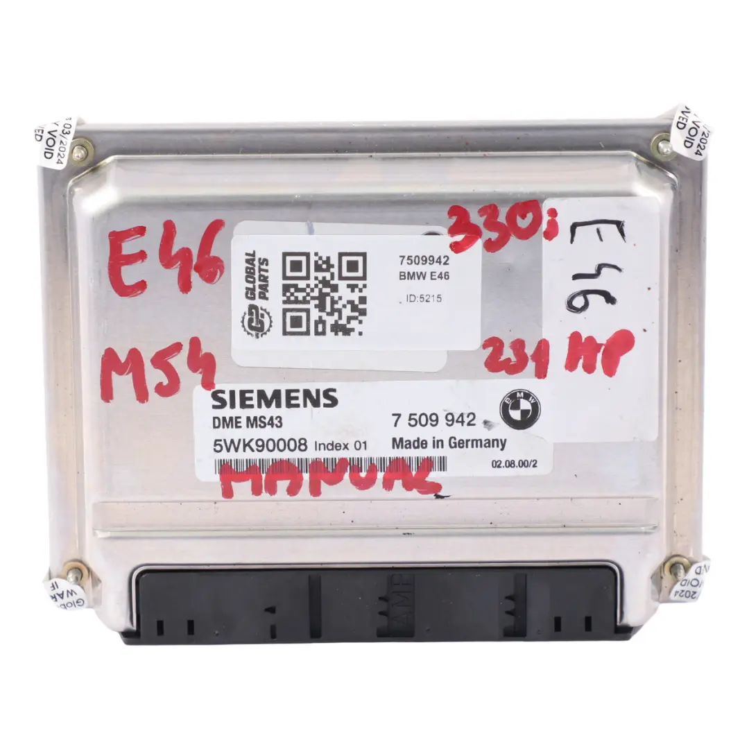 M54 231HP Modulo Unità Controllo Motore ECU DME Manuale per BMW E46 330i con numero di parte 7509942 BMW E46 330i M54 231HP Modulo Unità Controllo Motore ECU DME Manuale - SKU 7509942 - Numero di parte 7509942