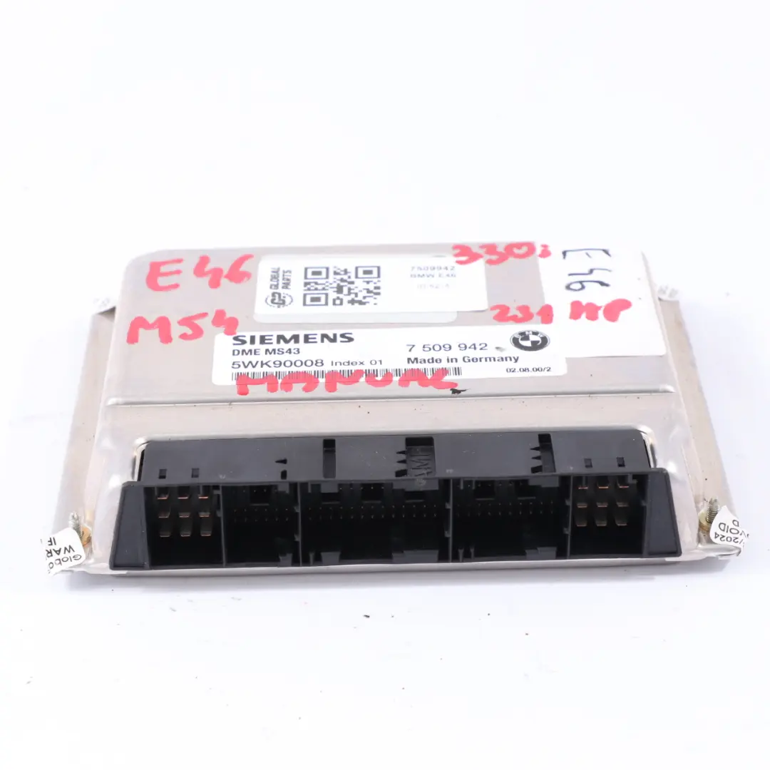 M54 231HP Modulo Unità Controllo Motore ECU DME Manuale per BMW E46 330i con numero di parte 7509942 BMW E46 330i M54 231HP Modulo Unità Controllo Motore ECU DME Manuale - SKU 7509942 - Numero di parte 7509942