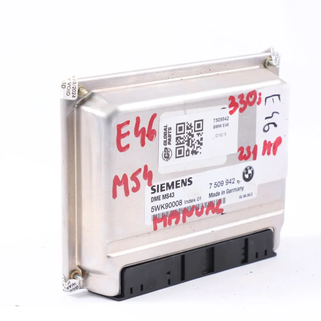 M54 231HP Modulo Unità Controllo Motore ECU DME Manuale per BMW E46 330i con numero di parte 7509942 BMW E46 330i M54 231HP Modulo Unità Controllo Motore ECU DME Manuale - SKU 7509942 - Numero di parte 7509942