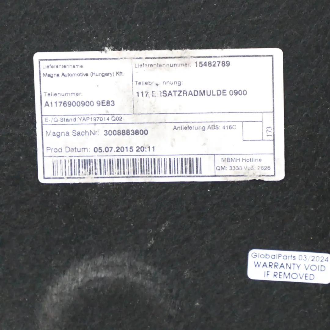 Kofferraumboden Ersatzrad Teppichauskleidung Panel für Mercedes CLA X117 mit Teilenummer A1176900900 Mercedes CLA X117 Kofferraumboden Ersatzrad Teppichauskleidung Panel - SKU A1176900900 - Teilenummer A1176900900