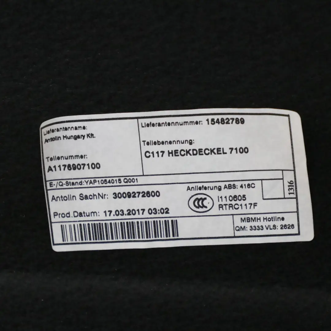 Coffre Arrière Hayon Habillage Intérieur pour Mercedes C117 à propos du numéro de pièce A1176907100 Mercedes C117 Coffre Arrière Hayon Habillage Intérieur - SKU A1176907100 - Numéro de pièce A1176907100