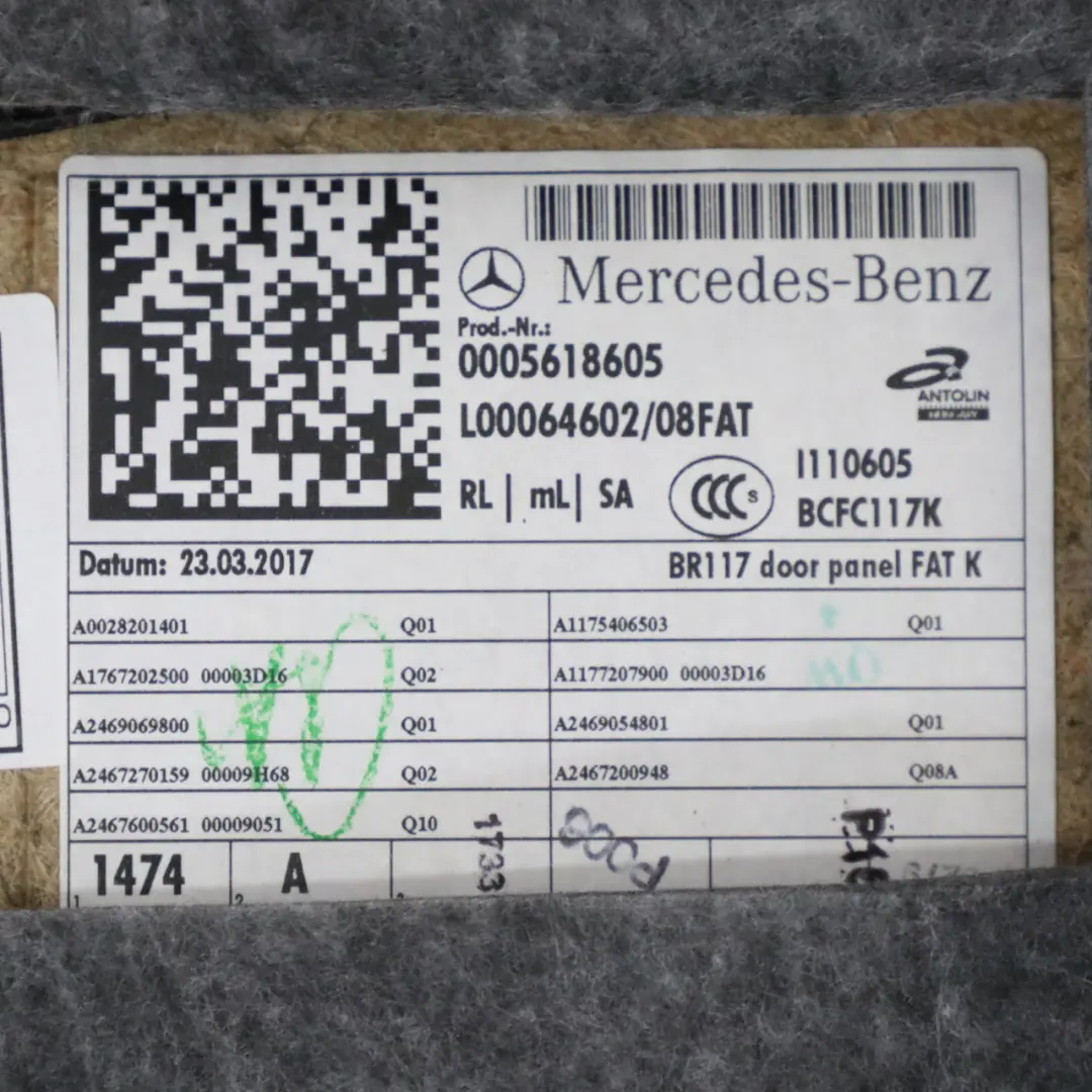 Mercedes CLA C117 Door Card Front Left N/S Lining Panel Leather Black - SKU rhd-A1177207900 - Part number A1177207900