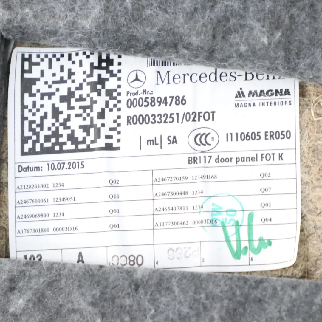 Mercedes C117 Tür karte hinten rechts Verkleidung Panel Leder Schwarz Rot Fäden - SKU A1177300462 - Teilenummer A1177300462